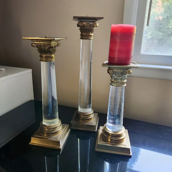 Set of 3 Brass/Lucite Vintage Candleholders - Picture 2 of 3